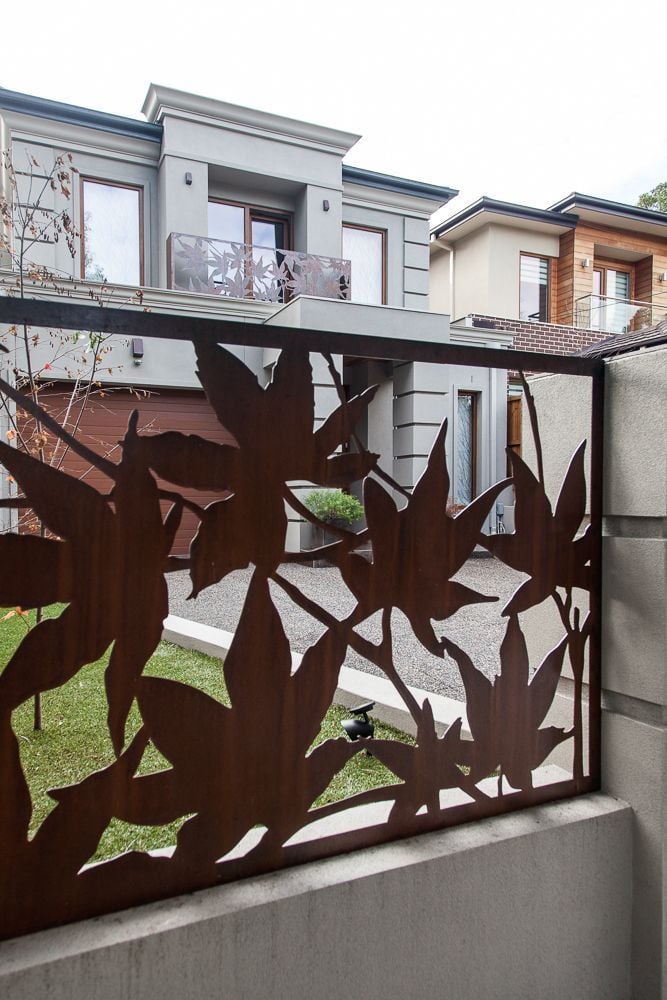 Entanglements, Laser Cut Metal Art, rusted steel fence infill maple leaf
